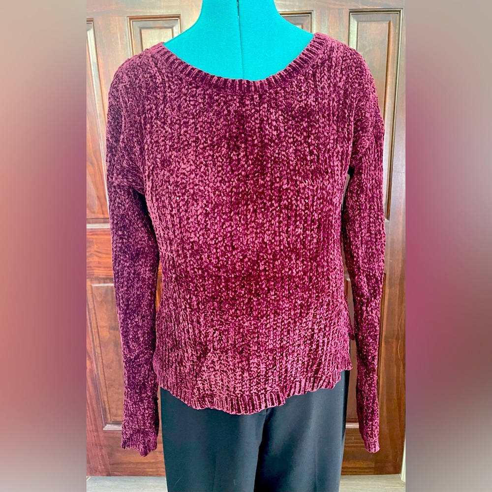Aeropostale Burgundy Crushed Velvet feel scoop neck cropped sweater size L